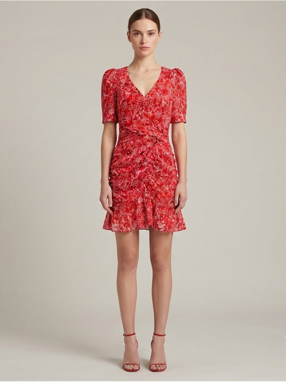 NWT Parker Red Aurora Floral Ruched Mini Dress Puff Sleeve Ruffle Hem Size 8